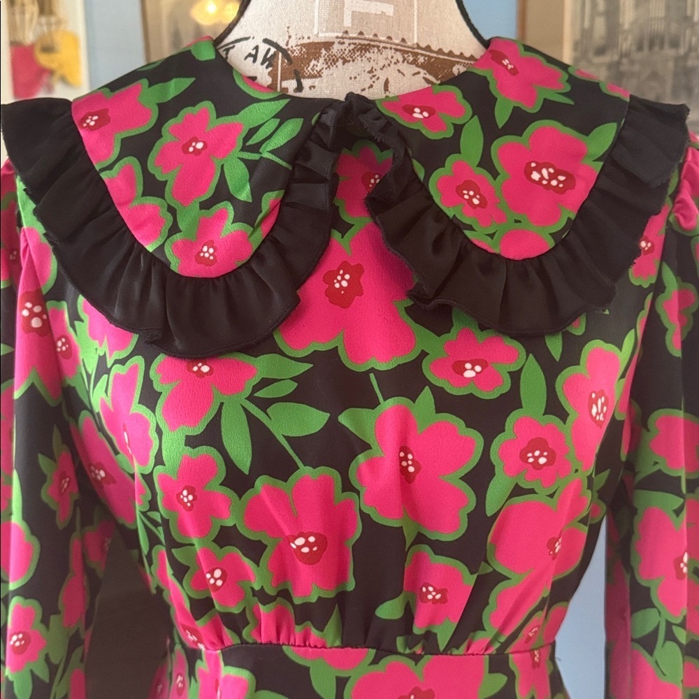 Asos Twisted Wunder Pink & Black Floral Print Bib Collar Long Sleeve Dress - Picture 3 of 15